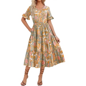 ZEAGOO Women’s Summer Dresses Midi Tiered Casual Dress Floral V Neck Ruffle Short Sleeve Flowy Beach Dress with Pockets(Orange Floral)