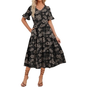 ZEAGOO Women’s Summer Dresses Midi Tiered Casual Dress Floral V Neck Ruffle Short Sleeve Flowy Beach Dress with Pockets(Pink Black Floral)
