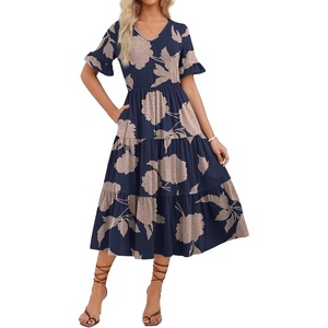 ZEAGOO Women’s Summer Dresses Midi Tiered Casual Dress Floral V Neck Ruffle Short Sleeve Flowy Beach Dress with Pockets(Pink Floral Black)