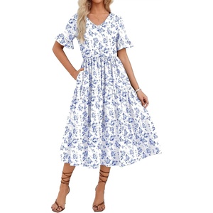 ZEAGOO Women’s Summer Dresses Midi Tiered Casual Dress Floral V Neck Ruffle Short Sleeve Flowy Beach Dress with Pockets(White Floral)