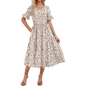 ZEAGOO Women’s Summer Dresses Midi Tiered Casual Dress Floral V Neck Ruffle Short Sleeve Flowy Beach Dress with Pockets(White Pink Floral)