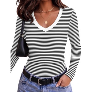 Zeagoo Long Sleeve Shirts for Women V Neck Tops Ribbed Slim Fit Basic Tee(Black White Stripe)