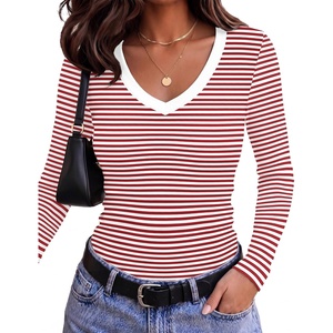 Zeagoo Long Sleeve Shirts for Women V Neck Tops Ribbed Slim Fit Basic Tee(Red White Stripe)