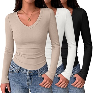 Zeagoo Long Sleeve Shirts for Women V Neck Tops Ribbed Slim Fit Basic Tee(Z-black+white+beige)