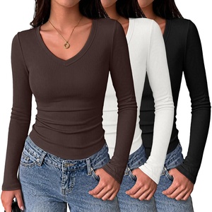 Zeagoo Long Sleeve Shirts for Women V Neck Tops Ribbed Slim Fit Basic Tee(Z-black+white+brown)