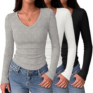 Zeagoo Long Sleeve Shirts for Women V Neck Tops Ribbed Slim Fit Basic Tee(Z-black+white+grey)