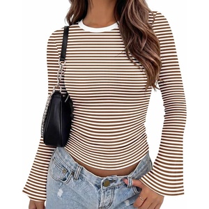 Zeagoo Womens Bell Long Sleeve Tops Crewneck Ribbed Knit Shirts(Brown White Stripe)