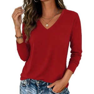 Zeagoo Womens Shirts Long Sleeve Tops V Neck Casual Basic Tee Fall Outfits(Dark Red)