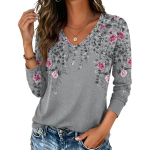 Zeagoo Womens Shirts Long Sleeve Tops V Neck Casual Basic Tee Fall Outfits(Grey Floral Print)