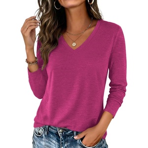 Zeagoo Womens Shirts Long Sleeve Tops V Neck Casual Basic Tee Fall Outfits(Hot Pink)