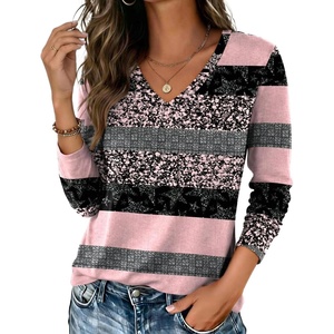 Zeagoo Womens Shirts Long Sleeve Tops V Neck Casual Basic Tee Fall Outfits(Pink Black Print)