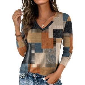 Zeagoo Womens Shirts Long Sleeve Tops V Neck Casual Basic Tee Fall Outfits(Terracotta Blue Geo Print)
