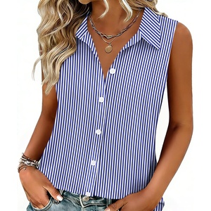 Zeagoo Women’s Sleeveless Button Down Collared Shirts Business Casual Tops(Blue Stripe)