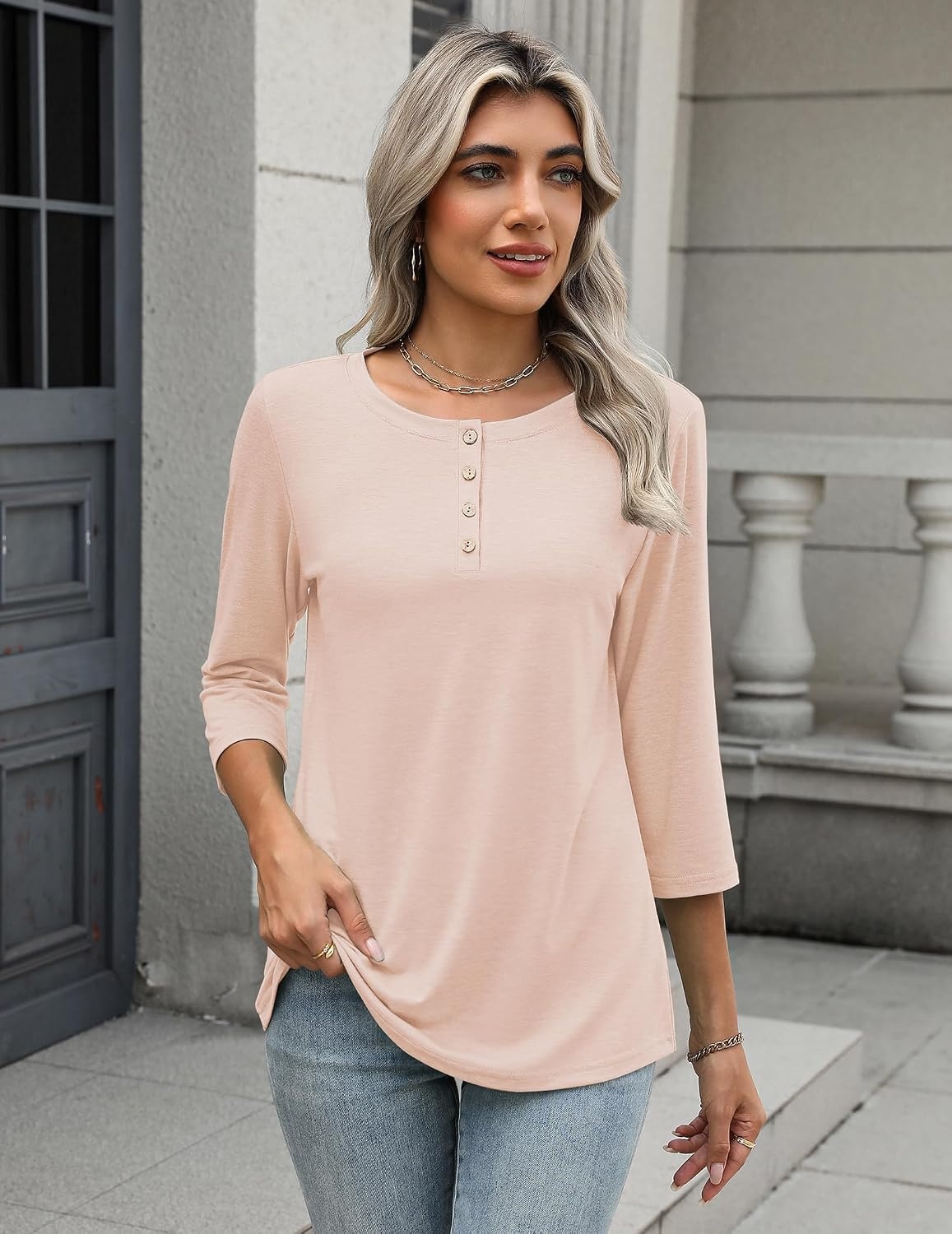 image:imageZeagoo 34 Length Sleeve Women Tops Dressy Casual Blouses Work ClothesBeige