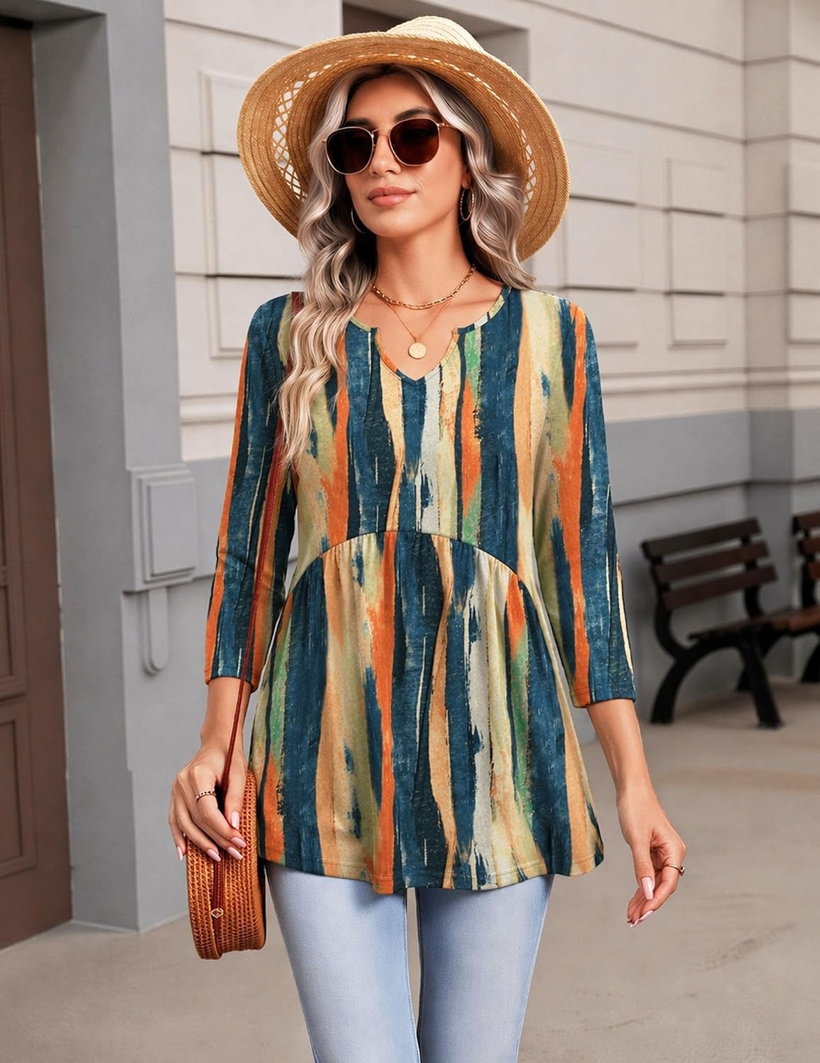 image:imageZeagoo 34 Length Sleeve Womens Tops 2026 Blouses for Women Dressy Casual Fashion Clothing V Neck TShirts Summer Outfits02 Tie Dye