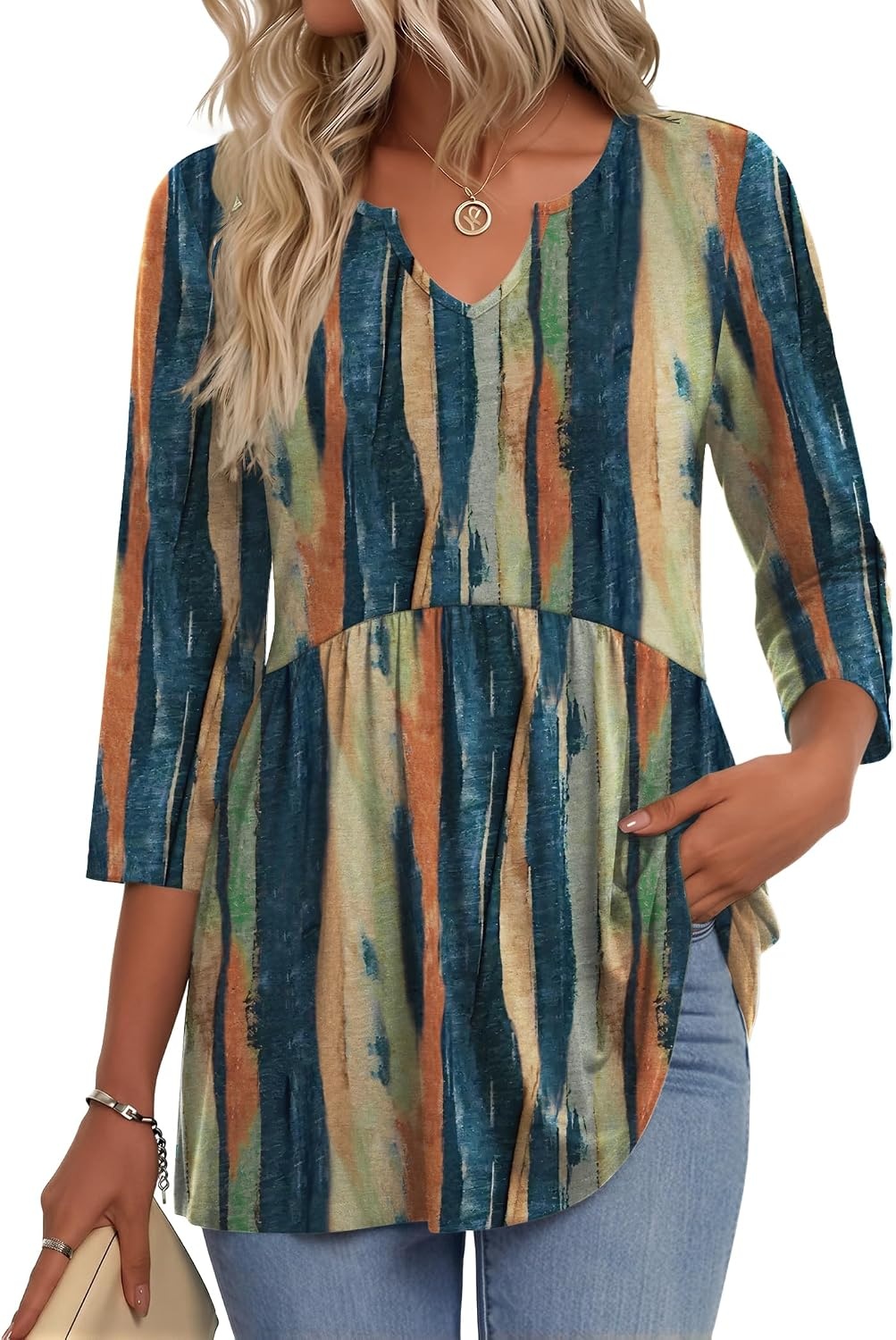 image:imageZeagoo 34 Length Sleeve Womens Tops 2026 Blouses for Women Dressy Casual Fashion Clothing V Neck TShirts Summer Outfits02 Tie Dye