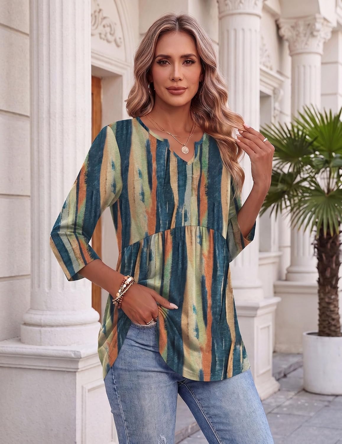 image:imageZeagoo 34 Length Sleeve Womens Tops 2026 Blouses for Women Dressy Casual Fashion Clothing V Neck TShirts Summer Outfits02 Tie Dye