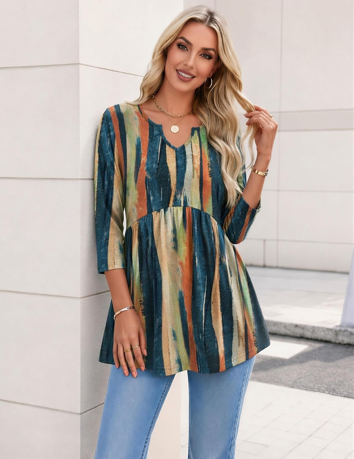 image:imageZeagoo 34 Length Sleeve Womens Tops 2026 Blouses for Women Dressy Casual Fashion Clothing V Neck TShirts Summer Outfits02 Tie Dye