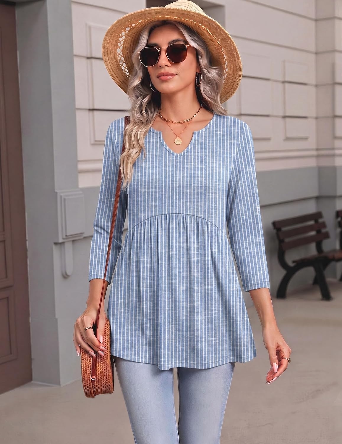 image:imageZeagoo 34 Length Sleeve Womens Tops 2026 Blouses for Women Dressy Casual Fashion Clothing V Neck TShirts Summer Outfits03 Blue Stripe