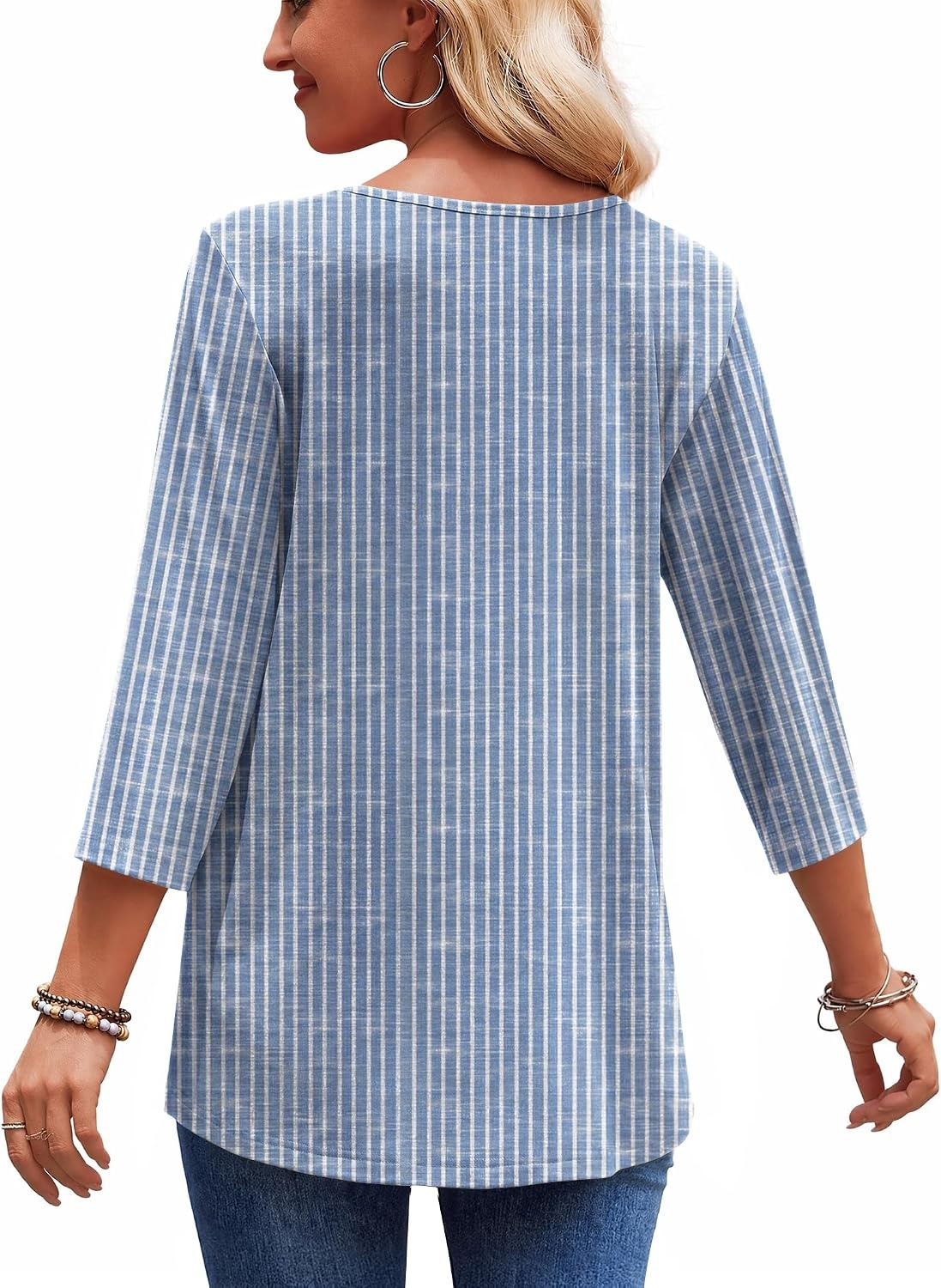 image:imageZeagoo 34 Length Sleeve Womens Tops 2026 Blouses for Women Dressy Casual Fashion Clothing V Neck TShirts Summer Outfits03 Blue Stripe