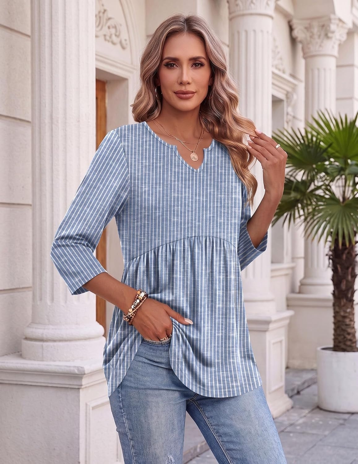 image:imageZeagoo 34 Length Sleeve Womens Tops 2026 Blouses for Women Dressy Casual Fashion Clothing V Neck TShirts Summer Outfits03 Blue Stripe