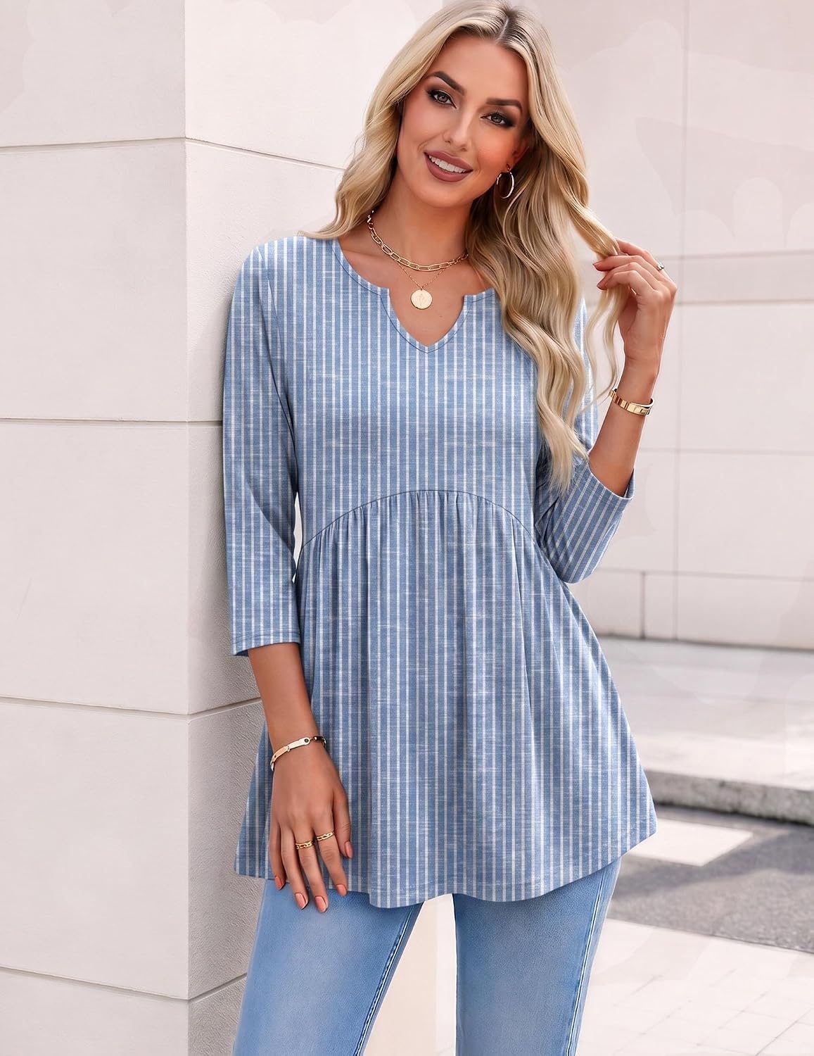 image:imageZeagoo 34 Length Sleeve Womens Tops 2026 Blouses for Women Dressy Casual Fashion Clothing V Neck TShirts Summer Outfits03 Blue Stripe