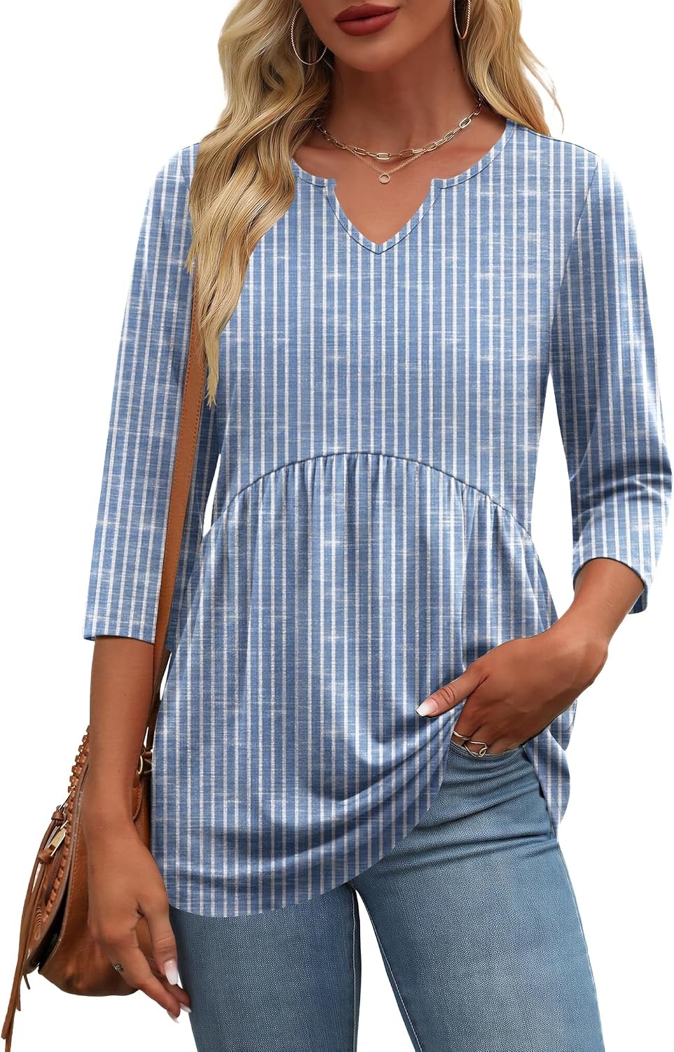image:imageZeagoo 34 Length Sleeve Womens Tops 2026 Blouses for Women Dressy Casual Fashion Clothing V Neck TShirts Summer Outfits03 Blue Stripe