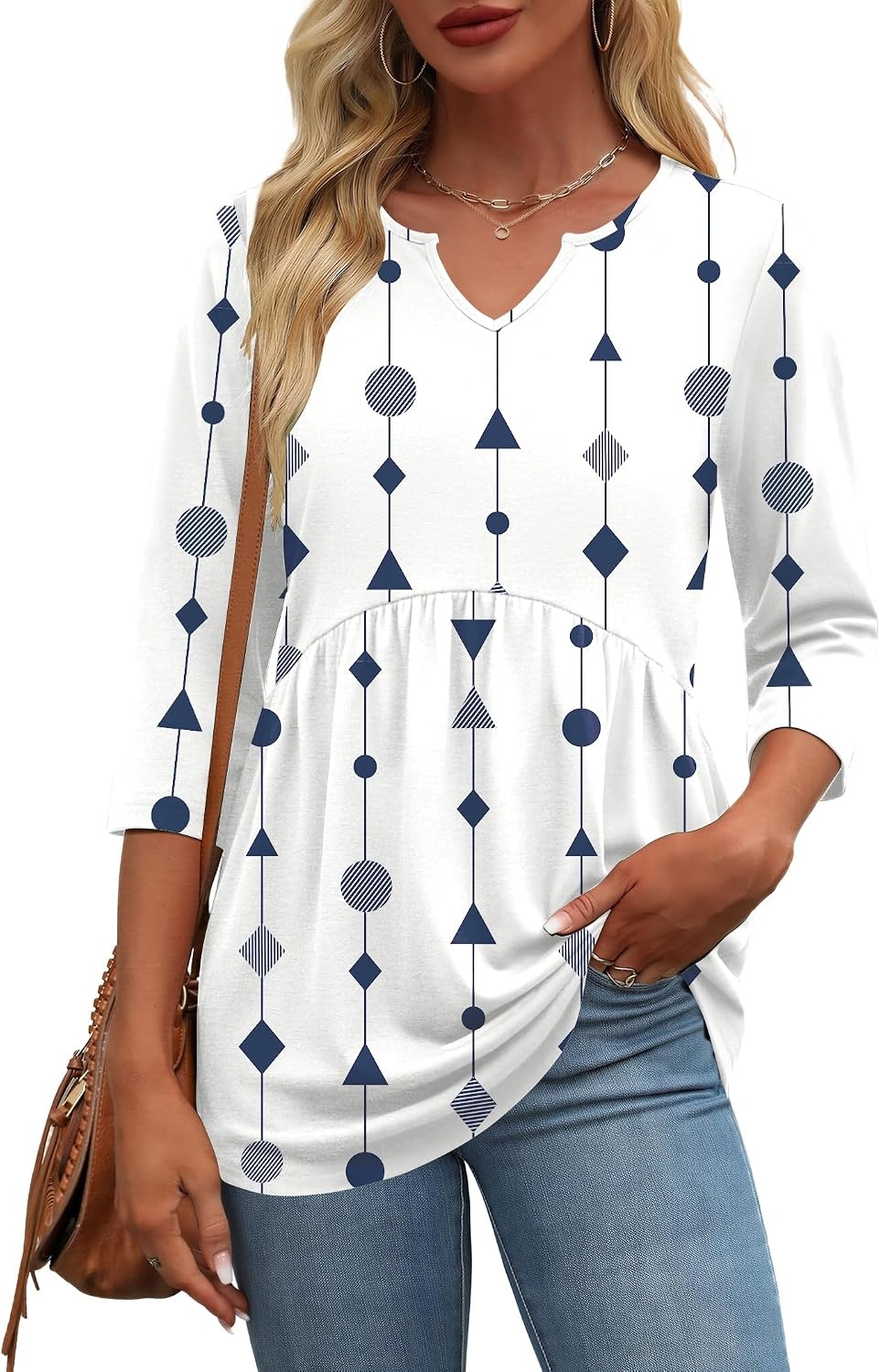 image:imageZeagoo 34 Length Sleeve Womens Tops 2026 Blouses for Women Dressy Casual Fashion Clothing V Neck TShirts Summer Outfits04 White Dot