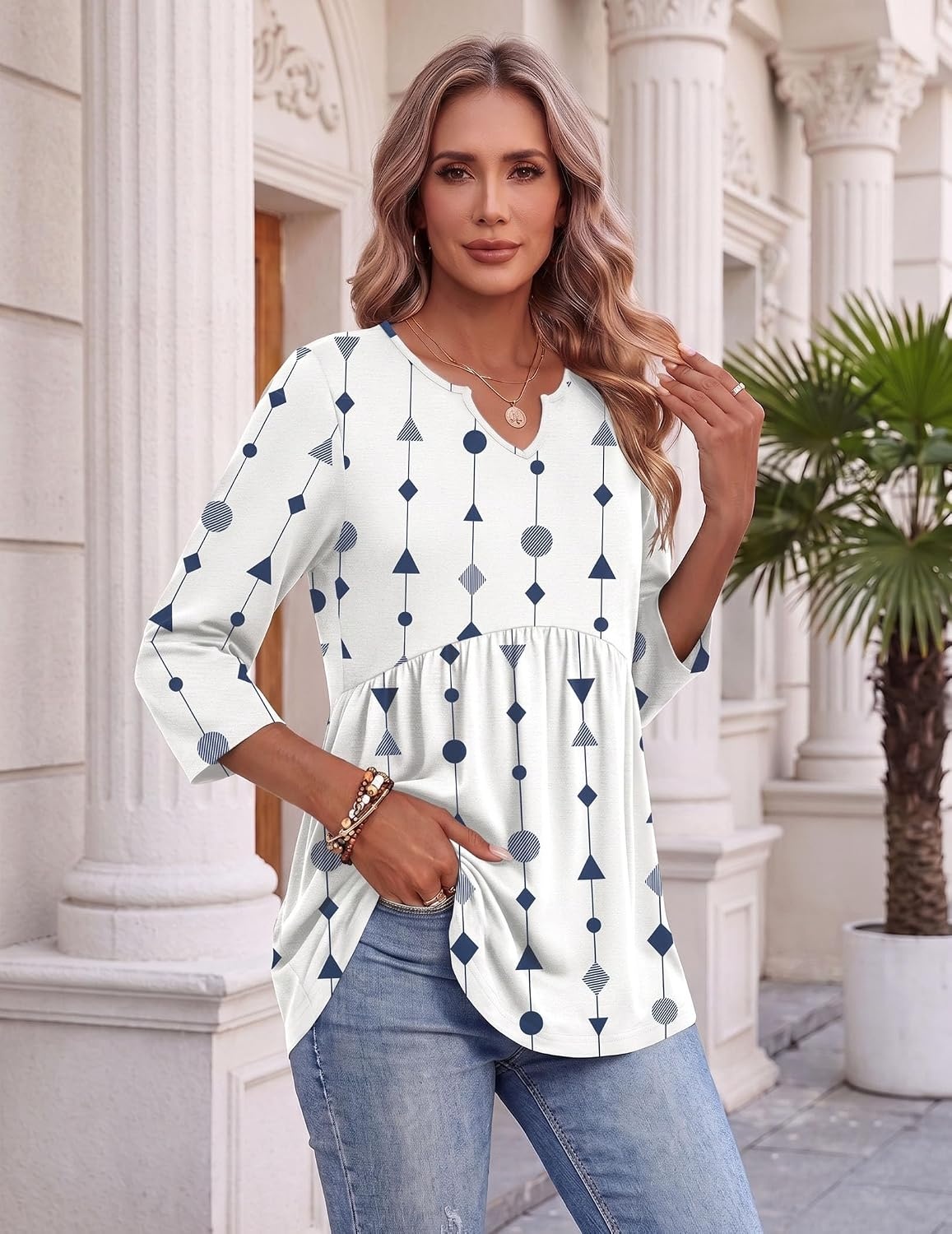 image:imageZeagoo 34 Length Sleeve Womens Tops 2026 Blouses for Women Dressy Casual Fashion Clothing V Neck TShirts Summer Outfits04 White Dot