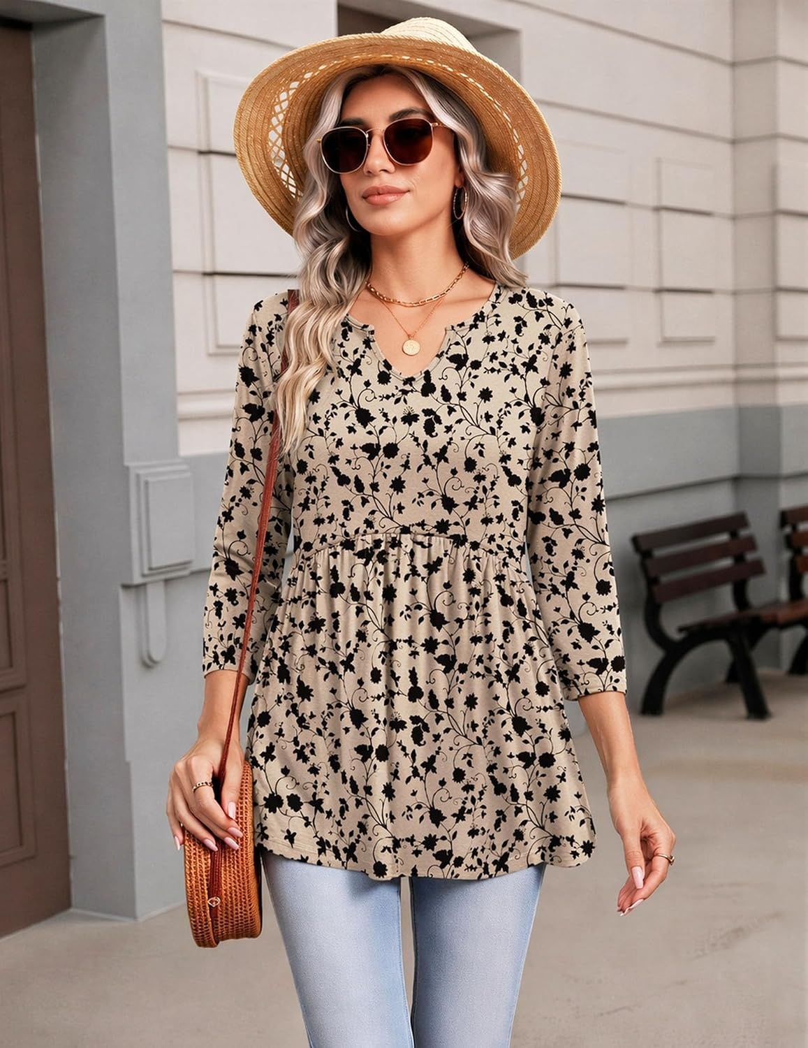 image:imageZeagoo 34 Length Sleeve Womens Tops 2026 Blouses for Women Dressy Casual Fashion Clothing V Neck TShirts Summer OutfitsBeige