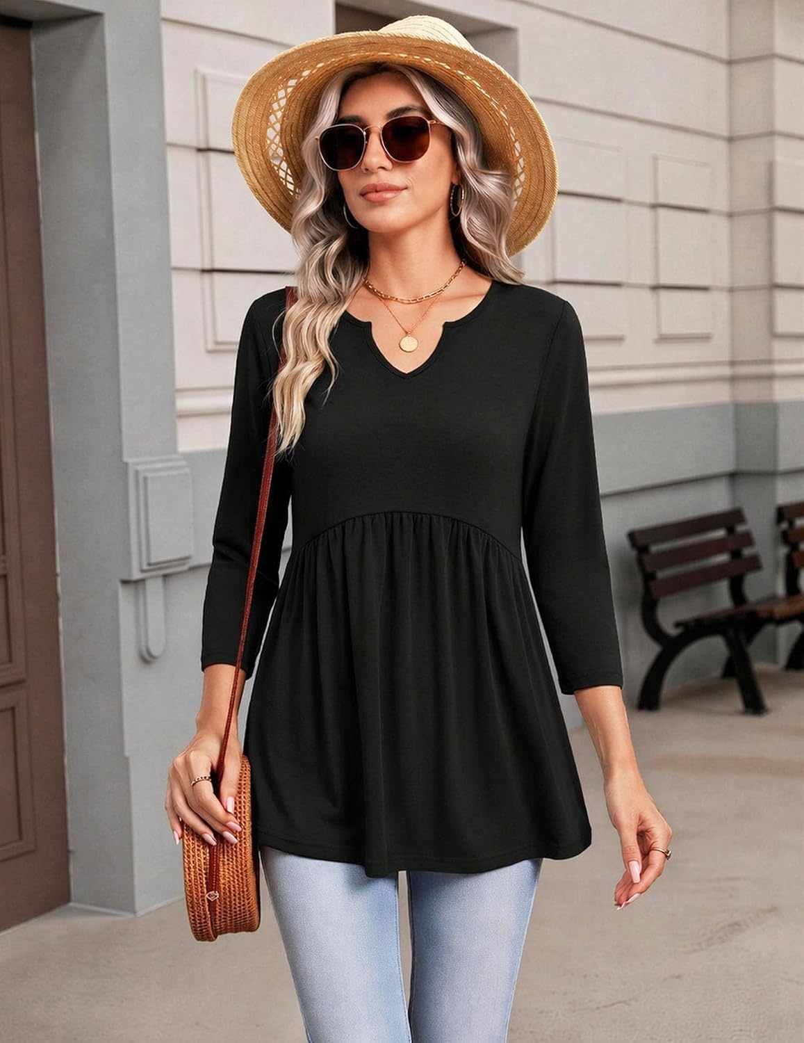 image:imageZeagoo 34 Length Sleeve Womens Tops 2026 Blouses for Women Dressy Casual Fashion Clothing V Neck TShirts Summer OutfitsBlack