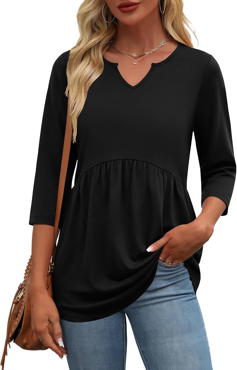 image:imageZeagoo 34 Length Sleeve Womens Tops 2026 Blouses for Women Dressy Casual Fashion Clothing V Neck TShirts Summer OutfitsBlack