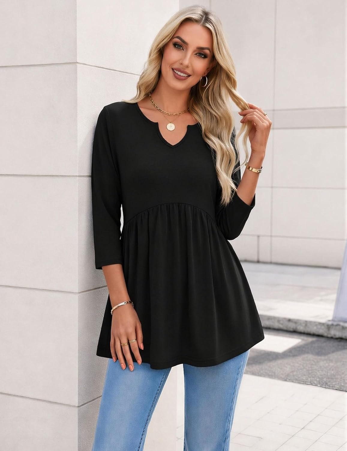 image:imageZeagoo 34 Length Sleeve Womens Tops 2026 Blouses for Women Dressy Casual Fashion Clothing V Neck TShirts Summer OutfitsBlack
