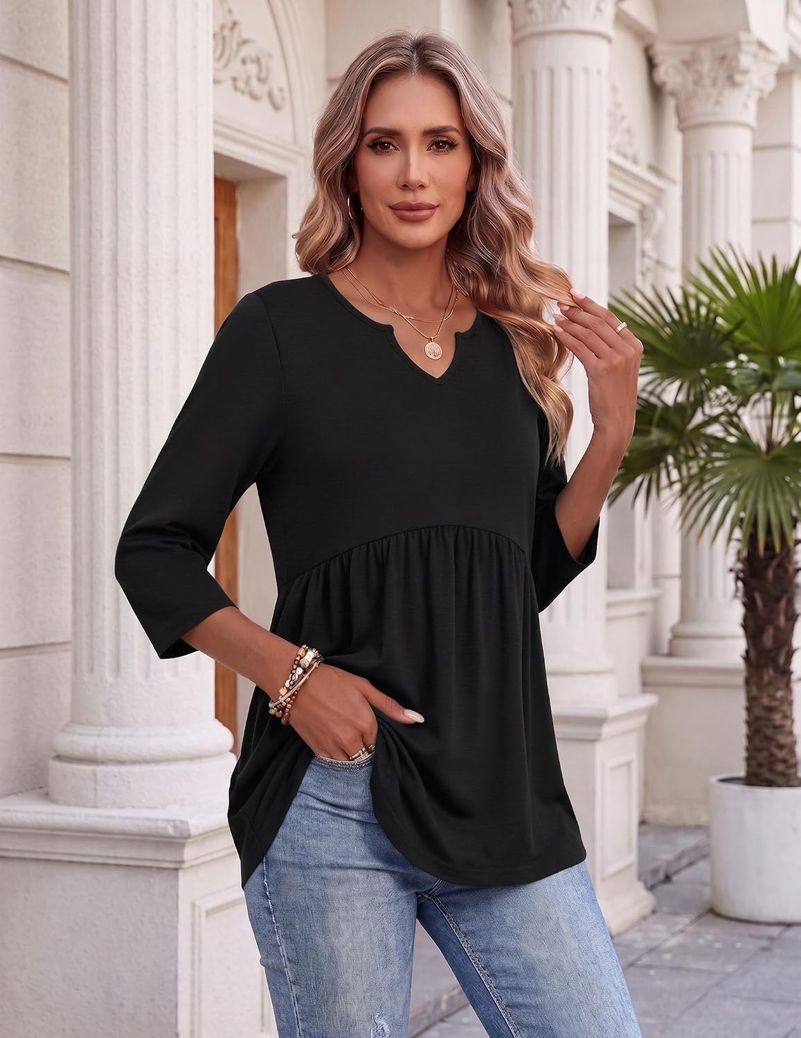 image:imageZeagoo 34 Length Sleeve Womens Tops 2026 Blouses for Women Dressy Casual Fashion Clothing V Neck TShirts Summer OutfitsBlack