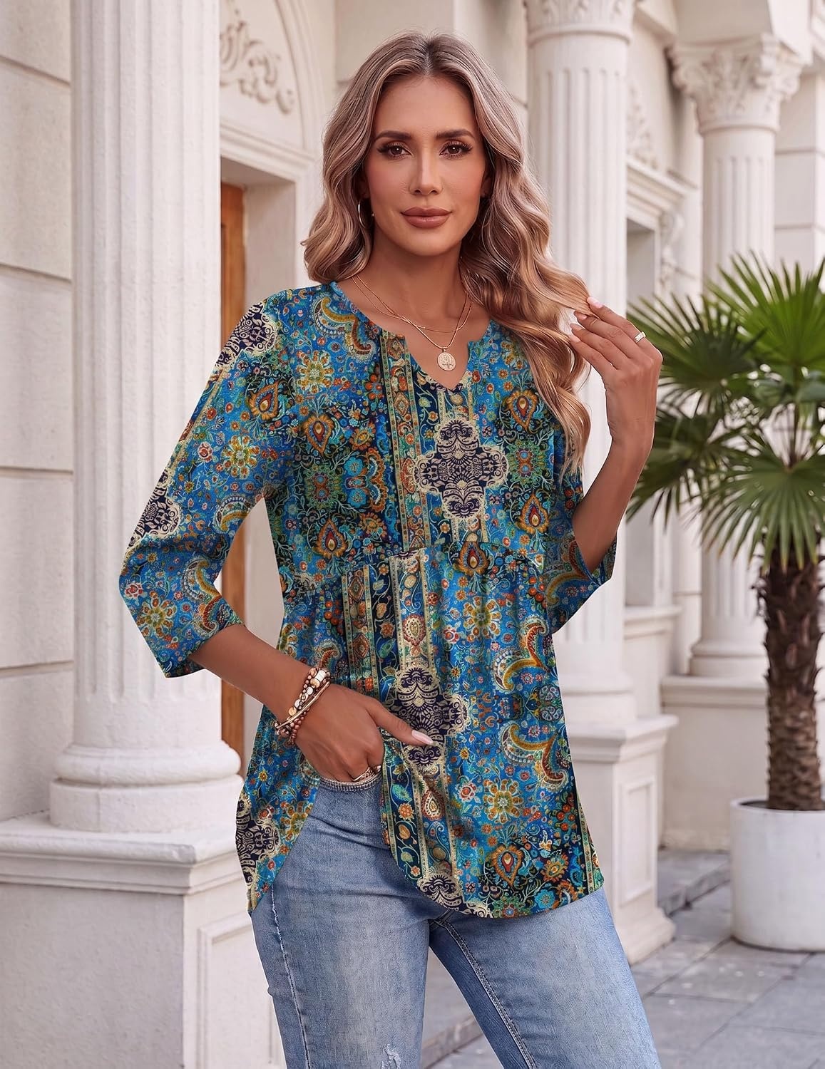 image:imageZeagoo 34 Length Sleeve Womens Tops 2026 Blouses for Women Dressy Casual Fashion Clothing V Neck TShirts Summer OutfitsBlue Boho Print