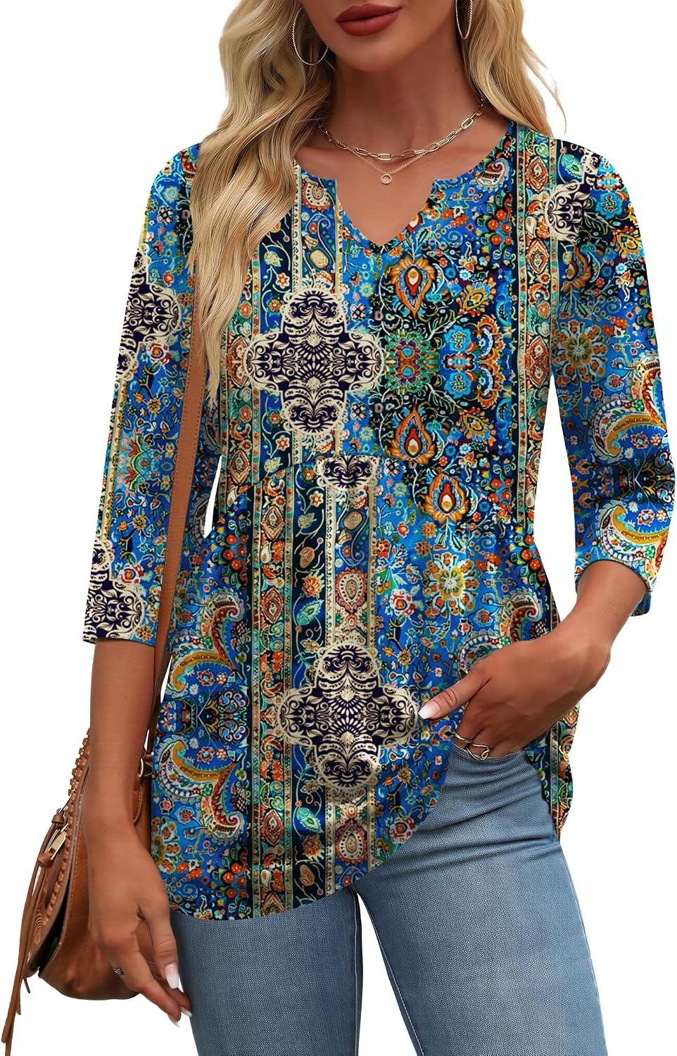image:imageZeagoo 34 Length Sleeve Womens Tops 2026 Blouses for Women Dressy Casual Fashion Clothing V Neck TShirts Summer OutfitsBlue Boho Print