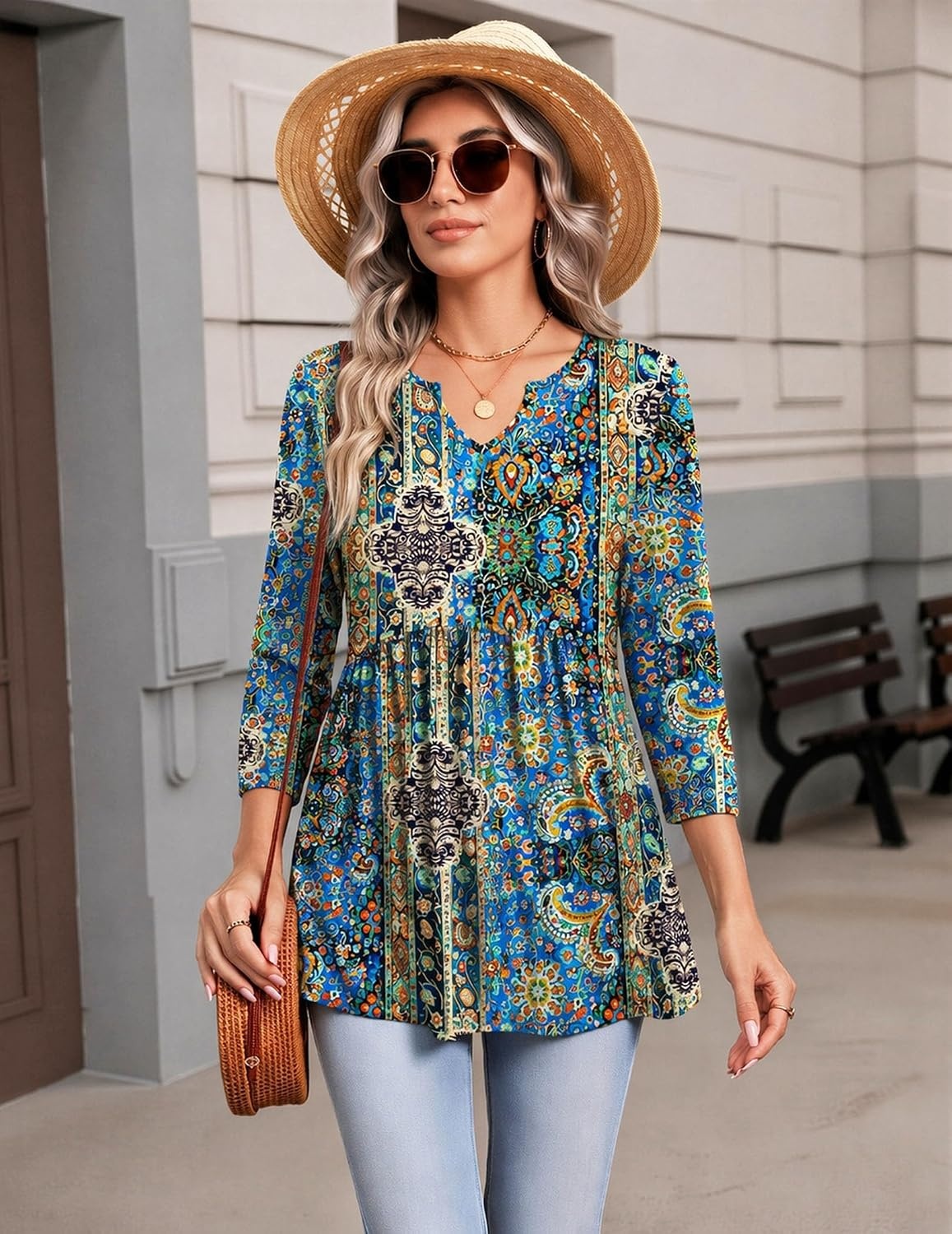 image:imageZeagoo 34 Length Sleeve Womens Tops 2026 Blouses for Women Dressy Casual Fashion Clothing V Neck TShirts Summer OutfitsBlue Boho Print