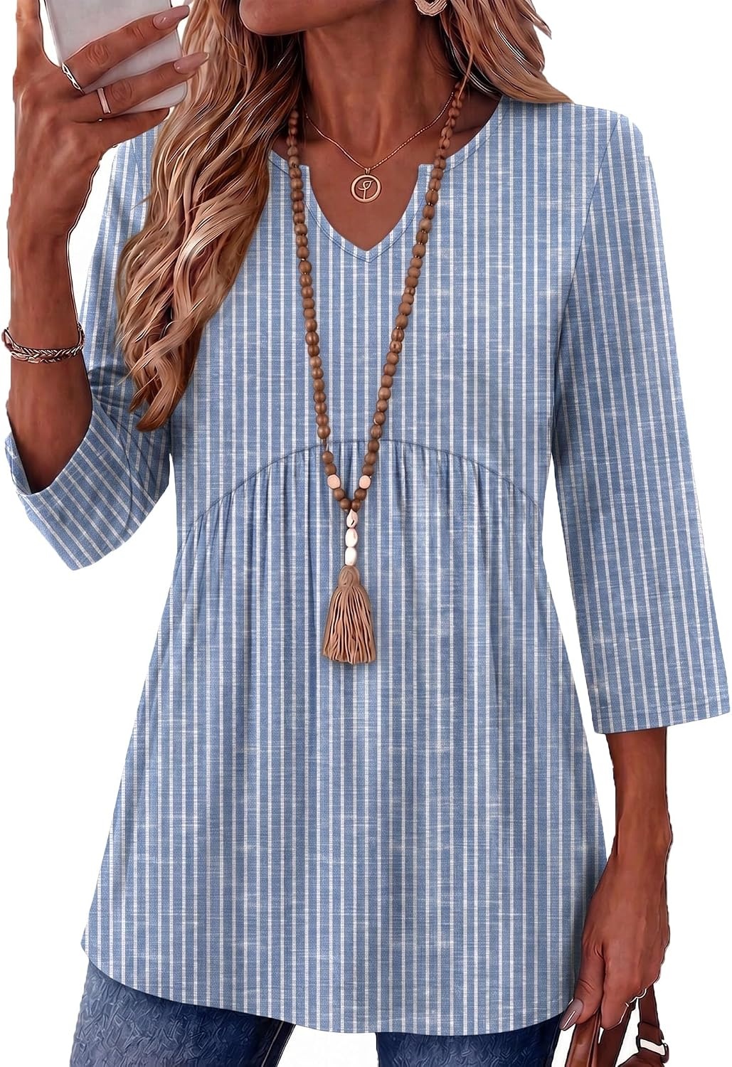 image:imageZeagoo 34 Length Sleeve Womens Tops 2026 Blouses for Women Dressy Casual Fashion Clothing V Neck TShirts Summer OutfitsBlue White