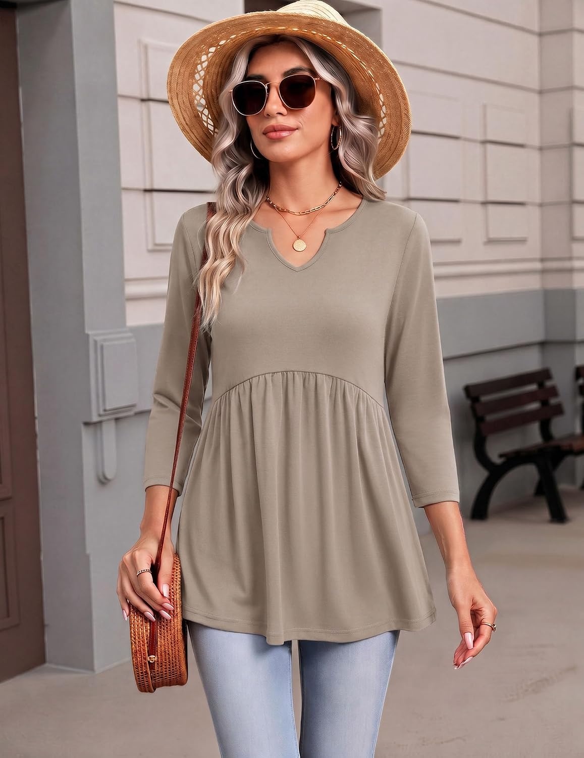 image:imageZeagoo 34 Length Sleeve Womens Tops 2026 Blouses for Women Dressy Casual Fashion Clothing V Neck TShirts Summer OutfitsCoffee