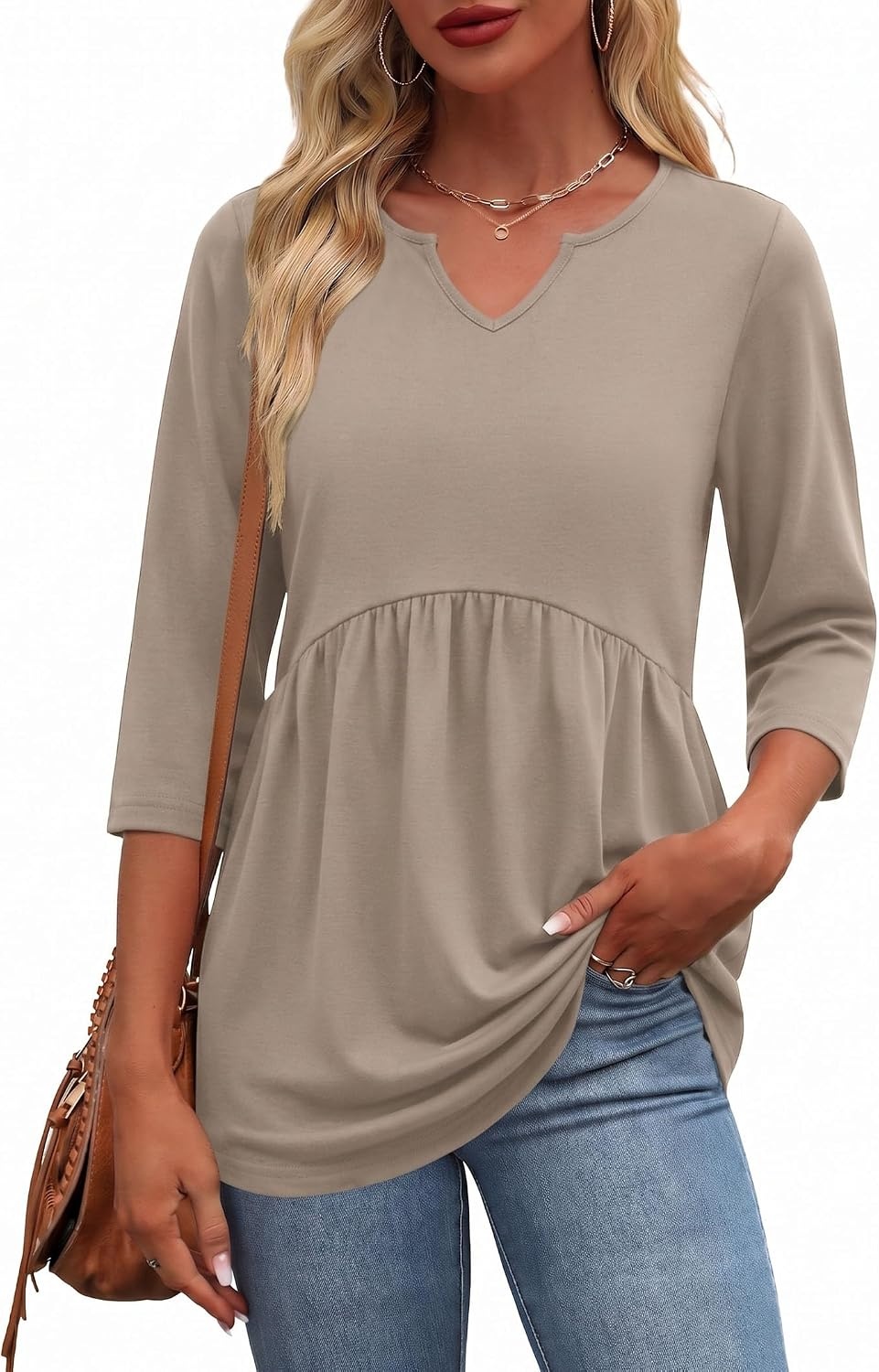 image:imageZeagoo 34 Length Sleeve Womens Tops 2026 Blouses for Women Dressy Casual Fashion Clothing V Neck TShirts Summer OutfitsCoffee