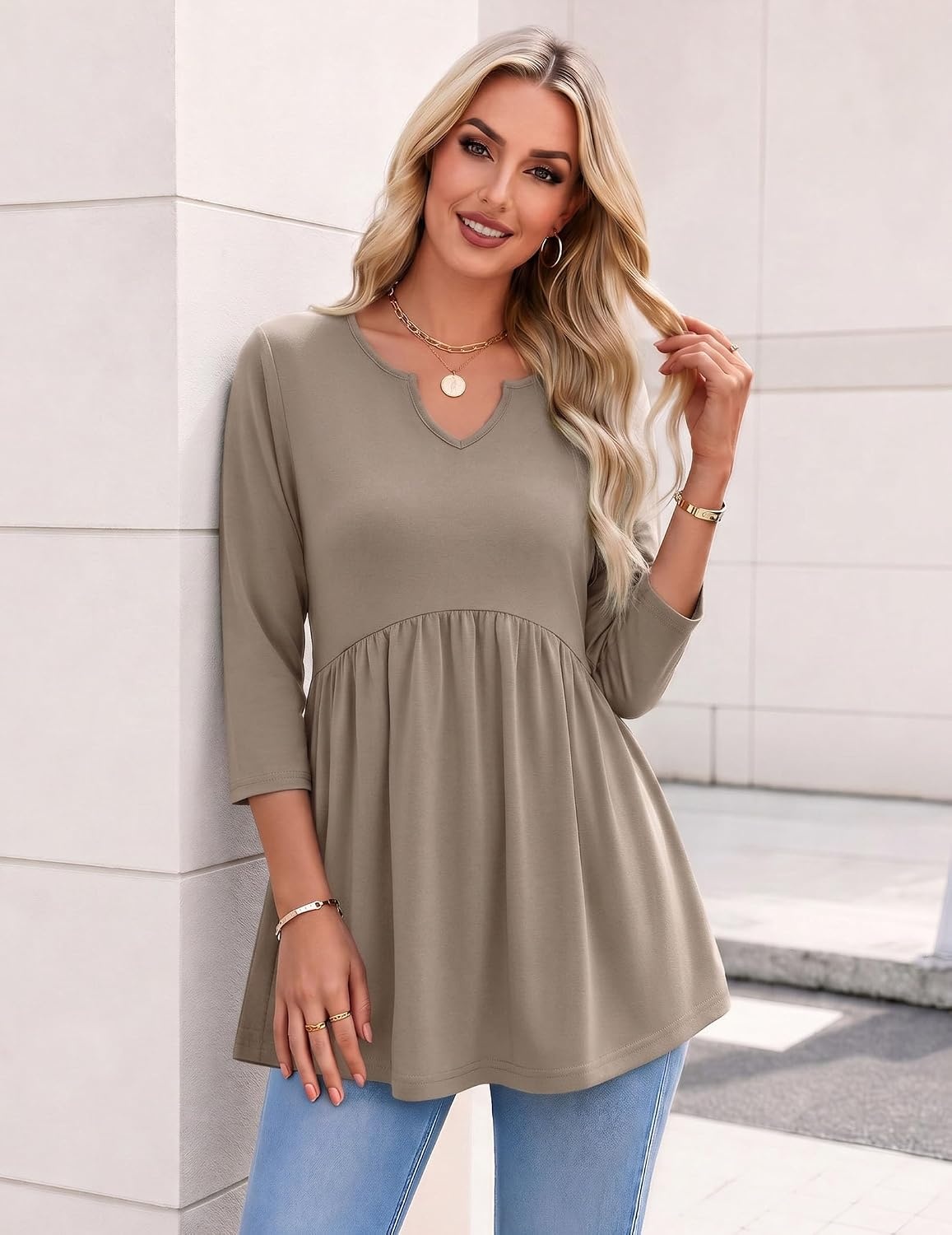 image:imageZeagoo 34 Length Sleeve Womens Tops 2026 Blouses for Women Dressy Casual Fashion Clothing V Neck TShirts Summer OutfitsCoffee