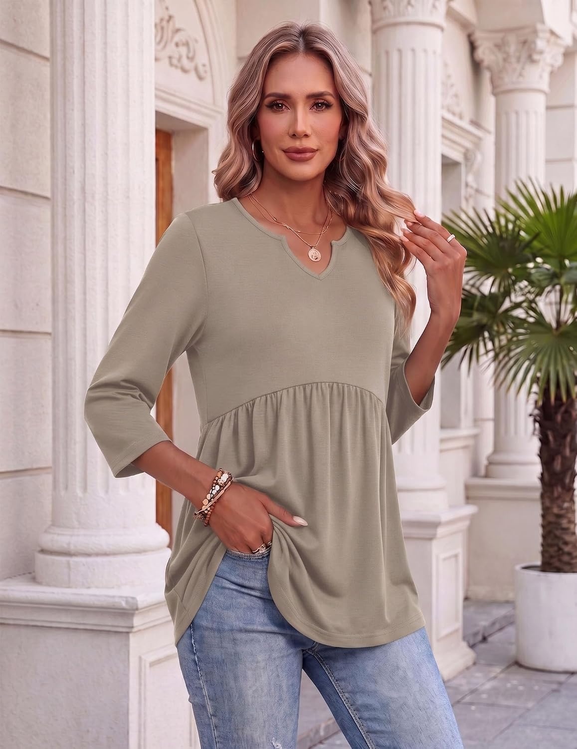 image:imageZeagoo 34 Length Sleeve Womens Tops 2026 Blouses for Women Dressy Casual Fashion Clothing V Neck TShirts Summer OutfitsCoffee