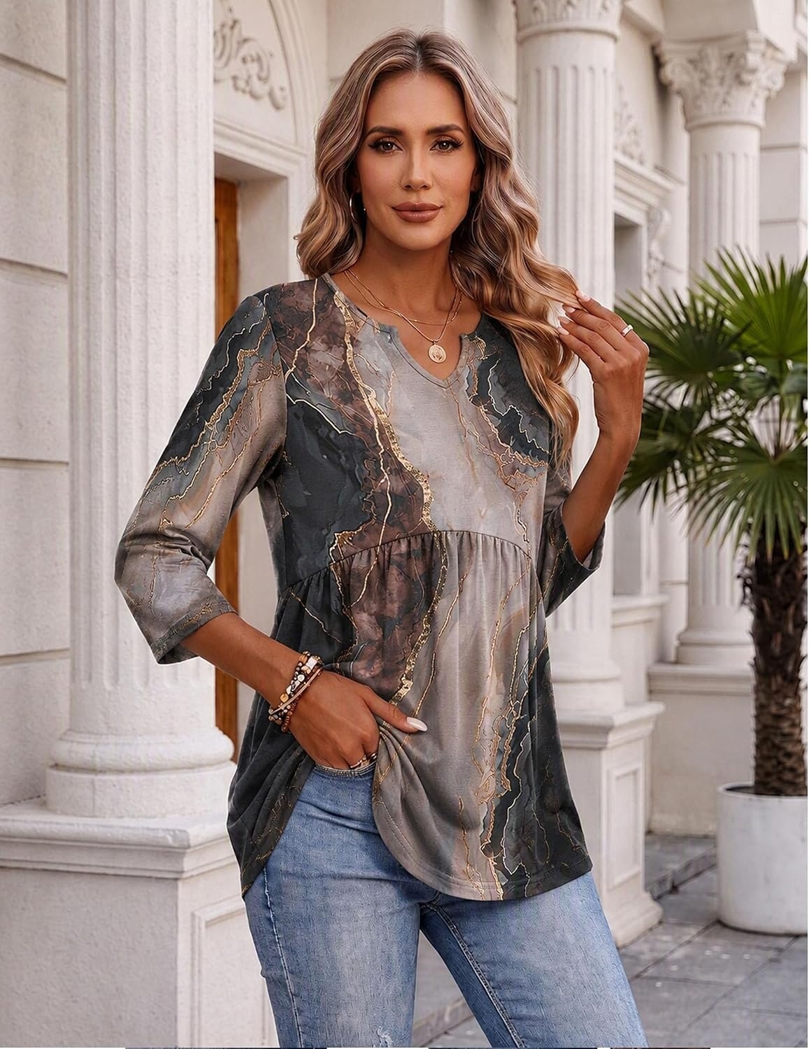 image:imageZeagoo 34 Length Sleeve Womens Tops 2026 Blouses for Women Dressy Casual Fashion Clothing V Neck TShirts Summer OutfitsCx278