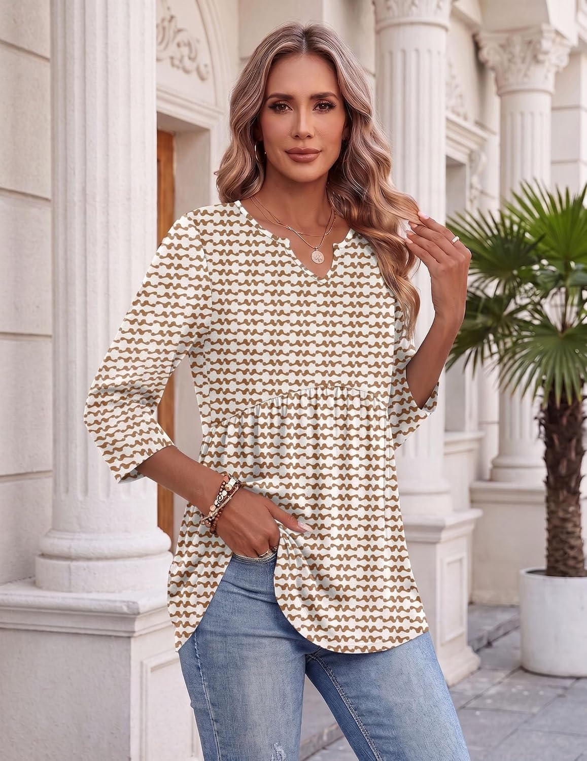 image:imageZeagoo 34 Length Sleeve Womens Tops 2026 Blouses for Women Dressy Casual Fashion Clothing V Neck TShirts Summer OutfitsCx318