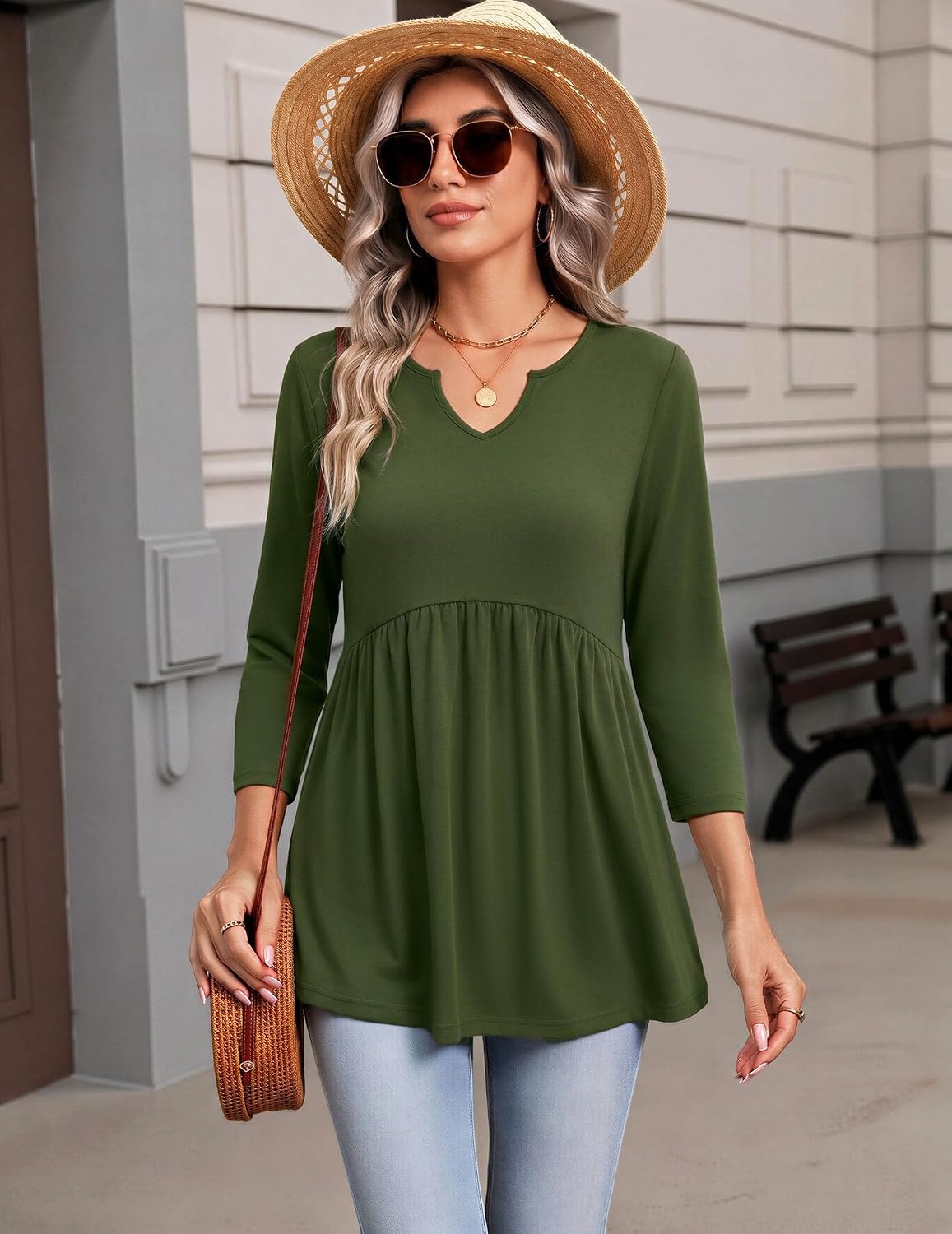 image:imageZeagoo 34 Length Sleeve Womens Tops 2026 Blouses for Women Dressy Casual Fashion Clothing V Neck TShirts Summer OutfitsGreen