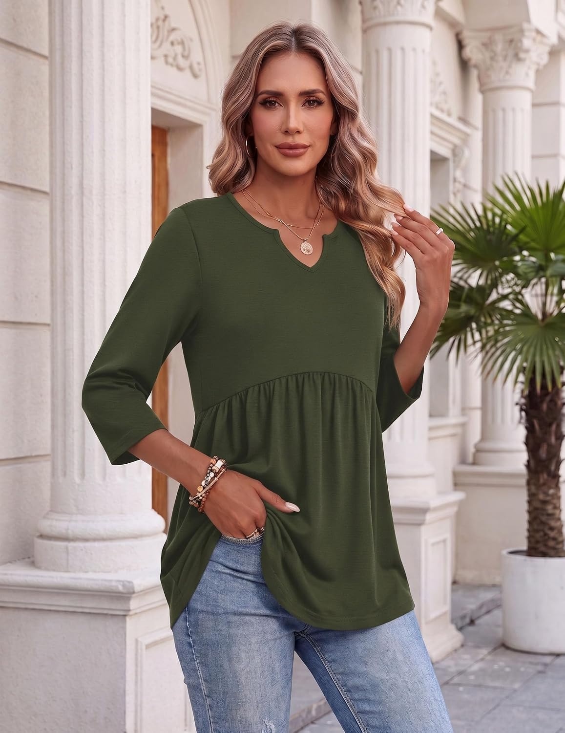 image:imageZeagoo 34 Length Sleeve Womens Tops 2026 Blouses for Women Dressy Casual Fashion Clothing V Neck TShirts Summer OutfitsGreen