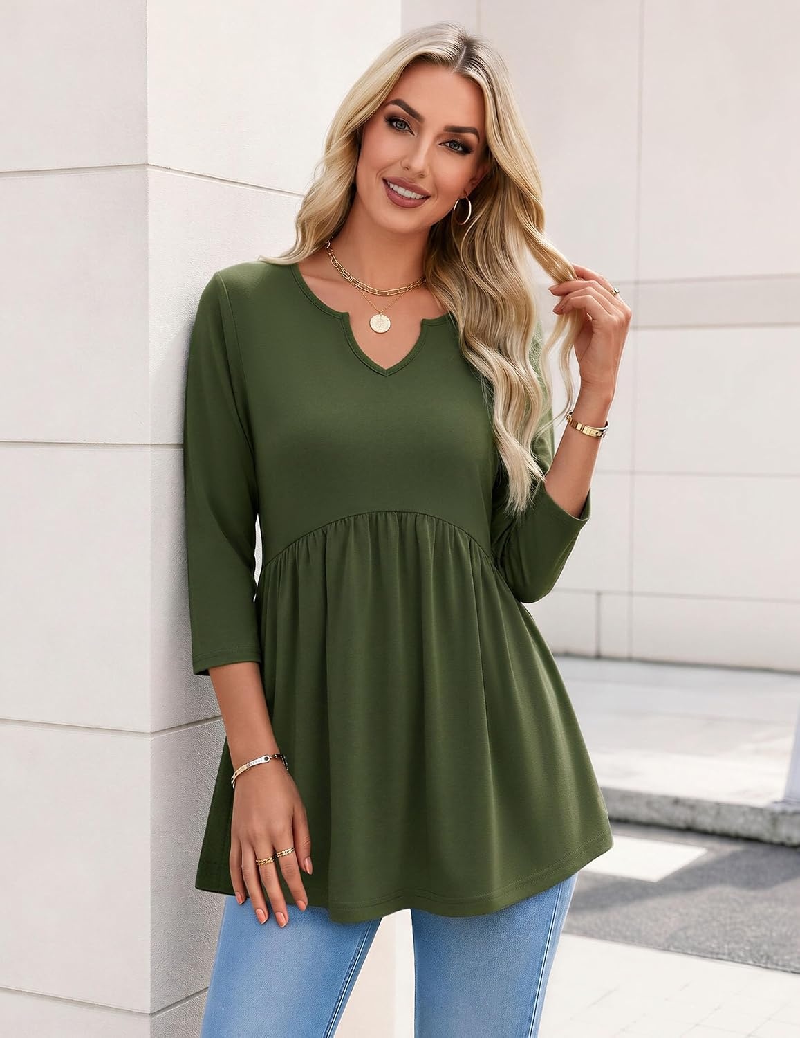 image:imageZeagoo 34 Length Sleeve Womens Tops 2026 Blouses for Women Dressy Casual Fashion Clothing V Neck TShirts Summer OutfitsGreen