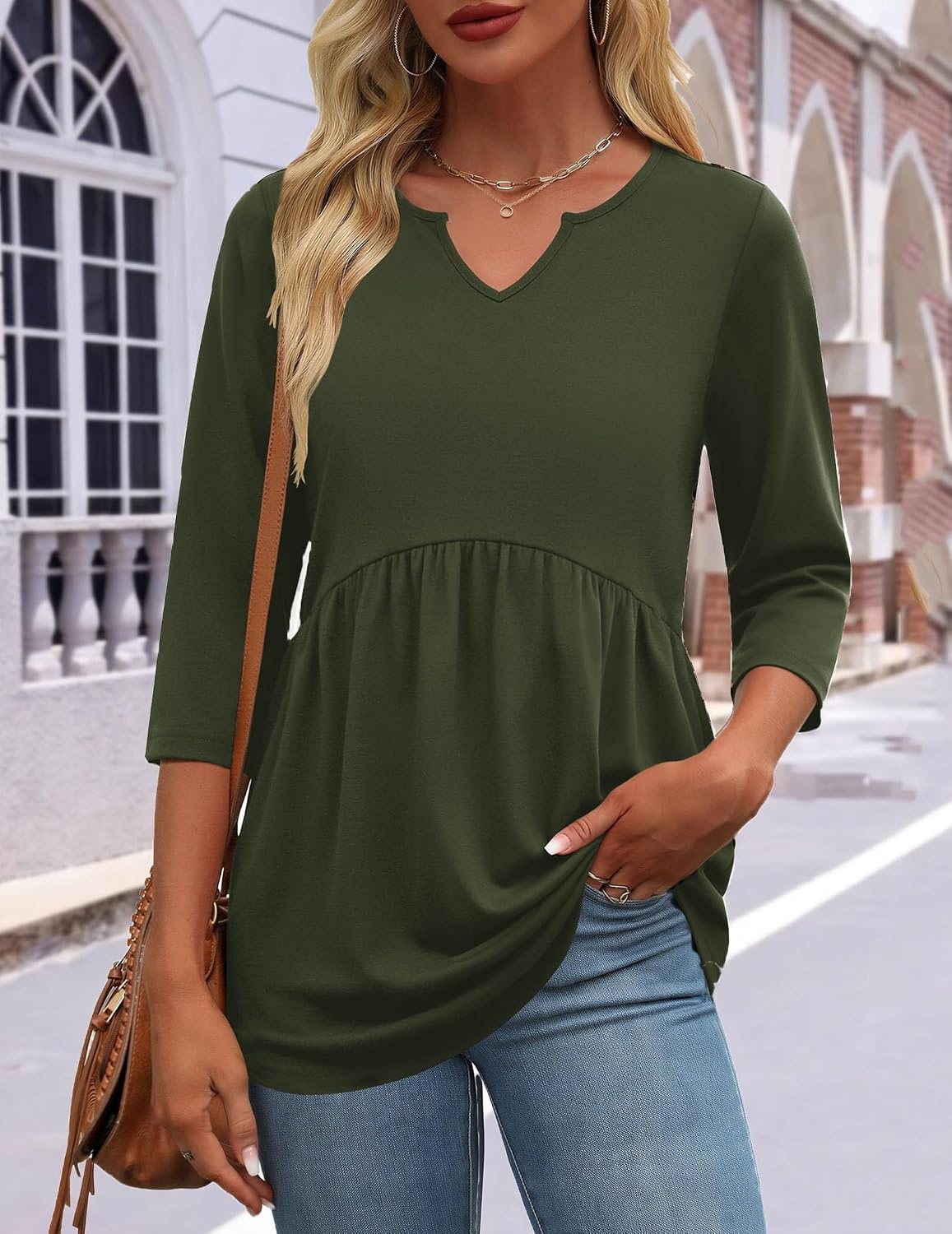 image:imageZeagoo 34 Length Sleeve Womens Tops 2026 Blouses for Women Dressy Casual Fashion Clothing V Neck TShirts Summer OutfitsGreen
