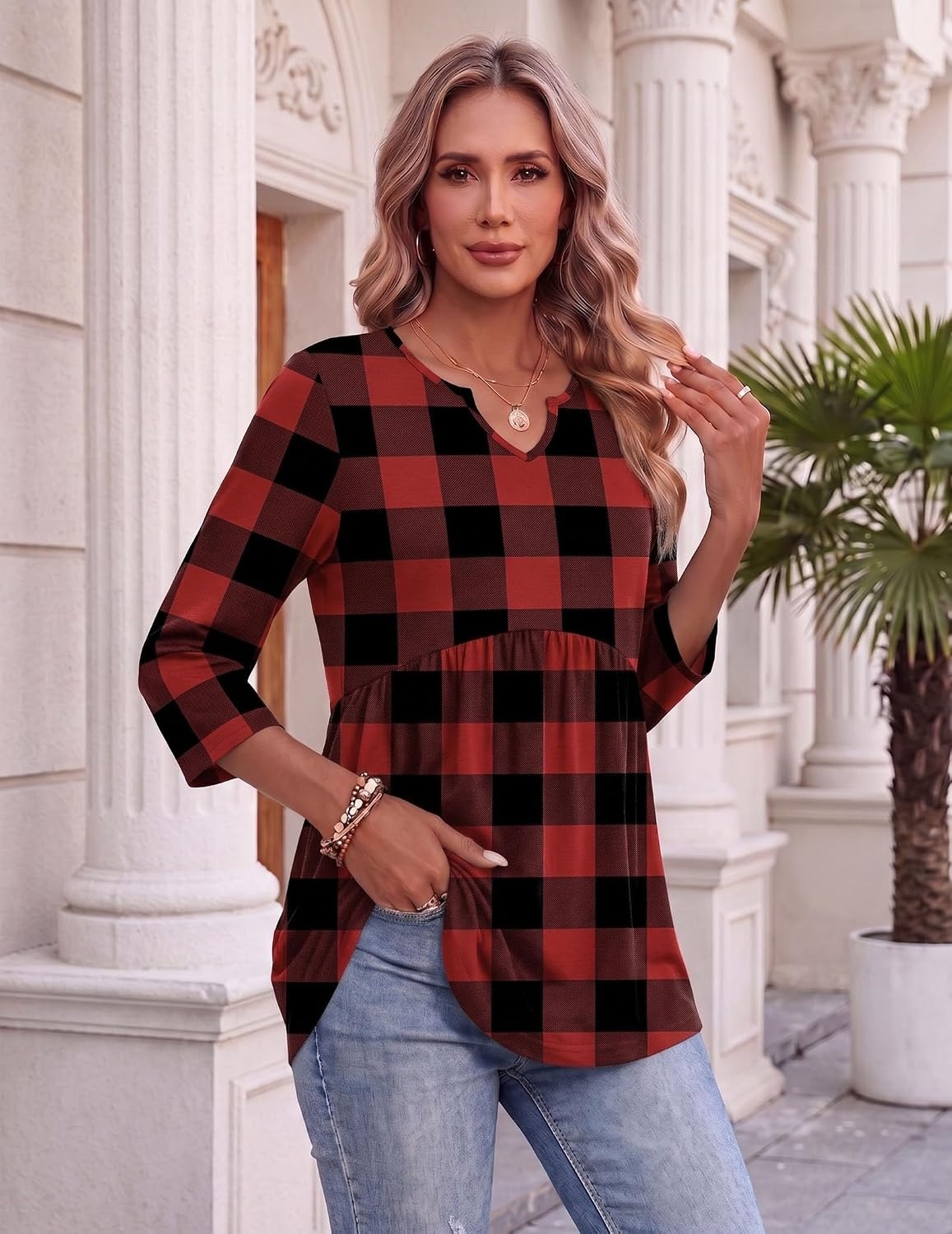 image:imageZeagoo 34 Length Sleeve Womens Tops 2026 Blouses for Women Dressy Casual Fashion Clothing V Neck TShirts Summer OutfitsGz188