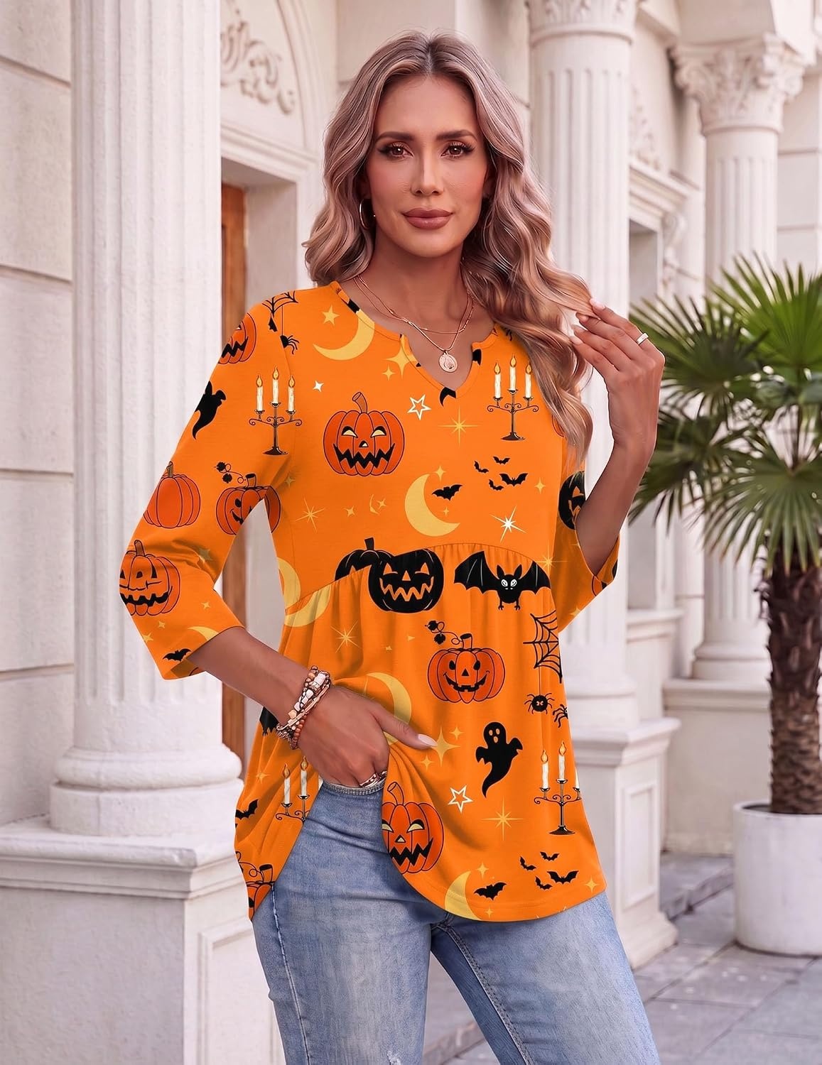 image:imageZeagoo 34 Length Sleeve Womens Tops 2026 Blouses for Women Dressy Casual Fashion Clothing V Neck TShirts Summer OutfitsHalloween Print